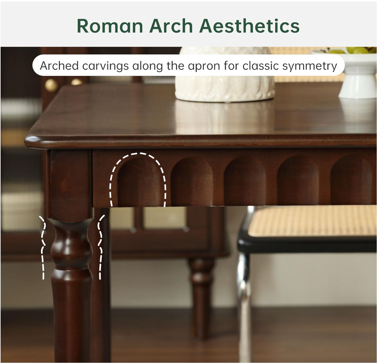 Birch Solid Wood Dining Table with Turned Legs and Arched Apron Carving