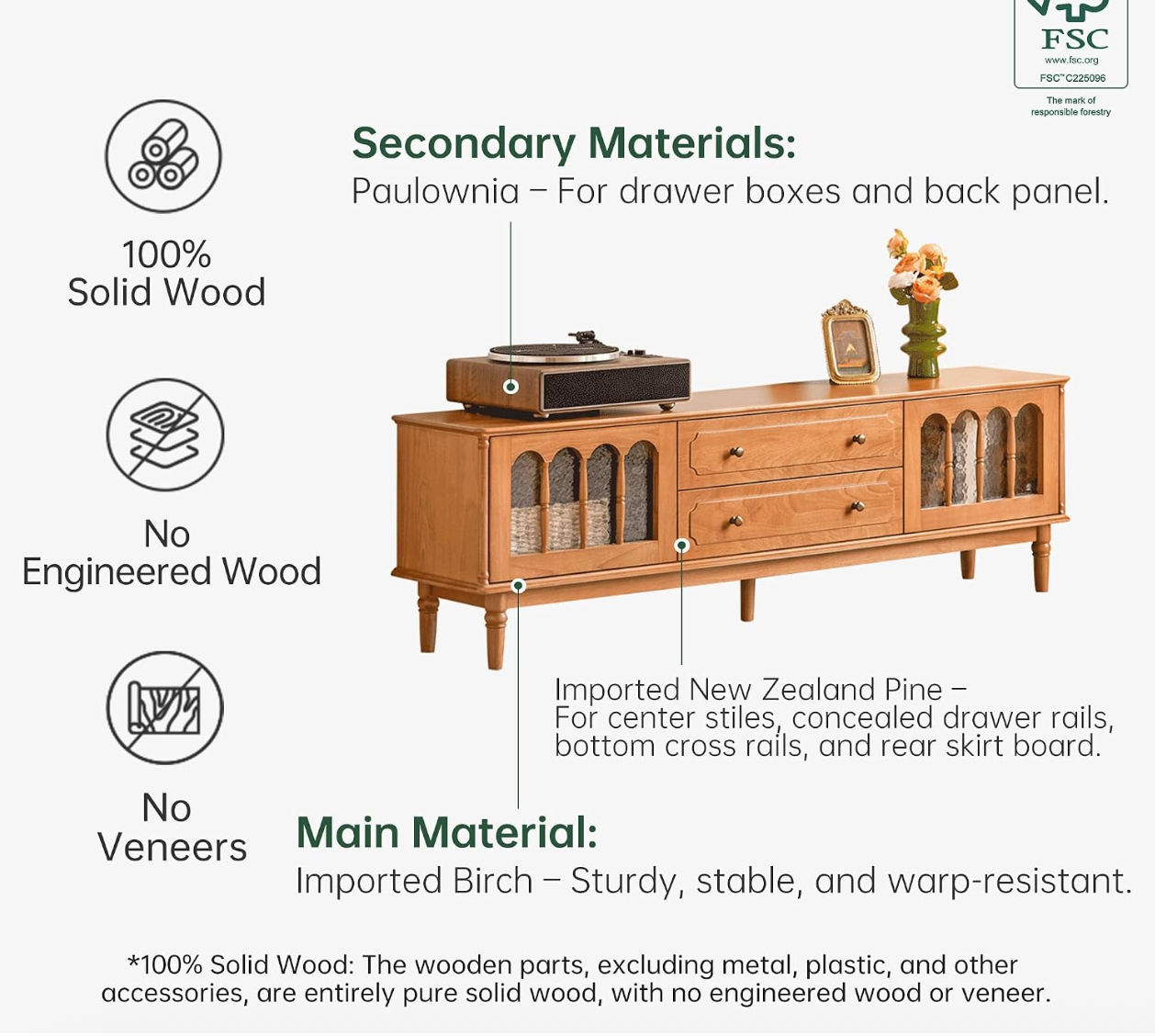 Birch Solid Wood TV Console with Arched Glass Cabinet Doors and Turned Legs