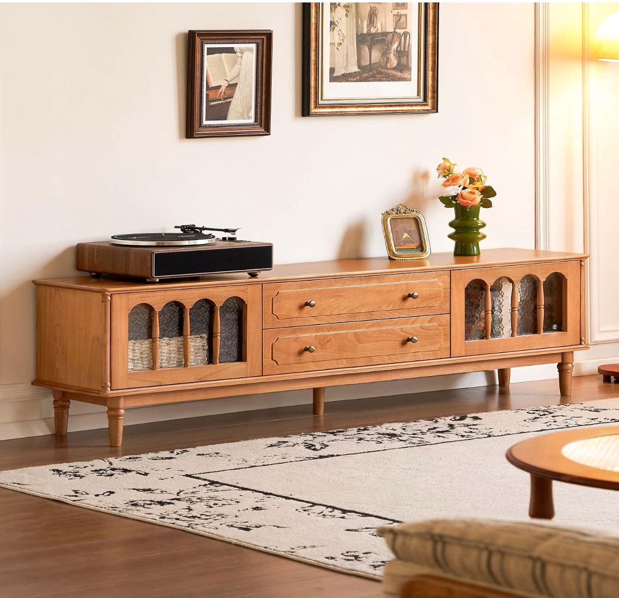 Birch Solid Wood TV Console with Arched Glass Cabinet Doors and Turned Legs