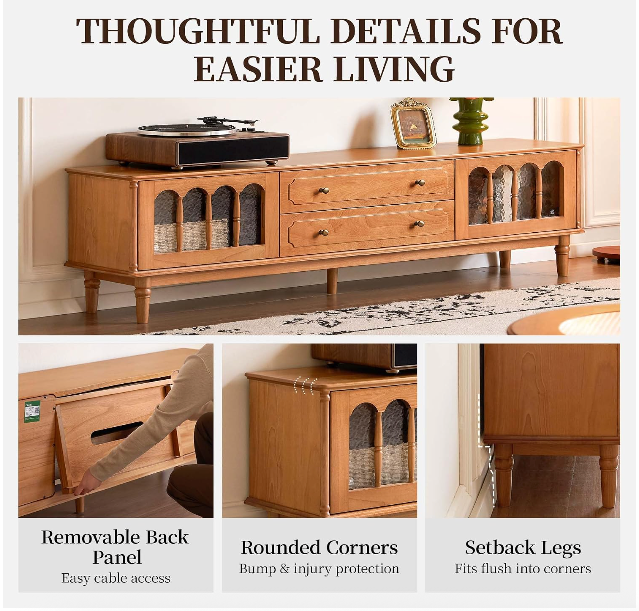 Birch Solid Wood TV Console with Arched Glass Cabinet Doors and Turned Legs