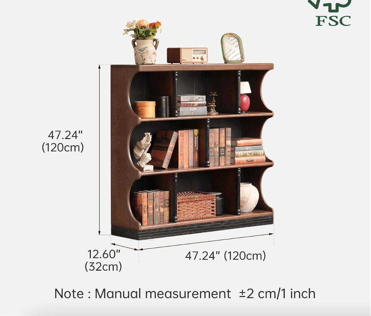 Oak solid wood Open Shelf Bookcase with Curved Scalloped Side Panels