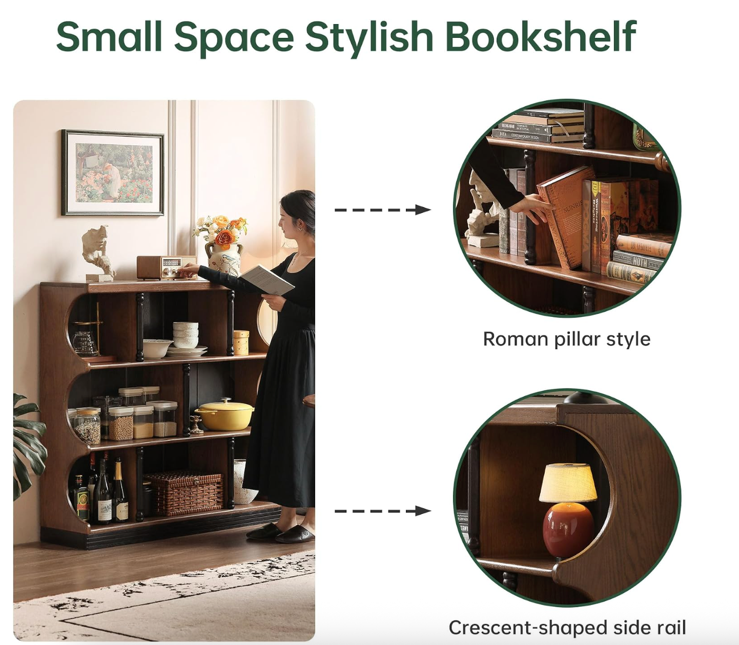 Oak solid wood Open Shelf Bookcase with Curved Scalloped Side Panels
