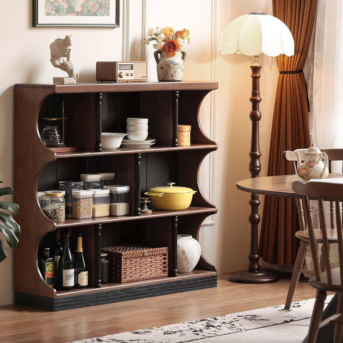 Oak solid wood Open Shelf Bookcase with Curved Scalloped Side Panels