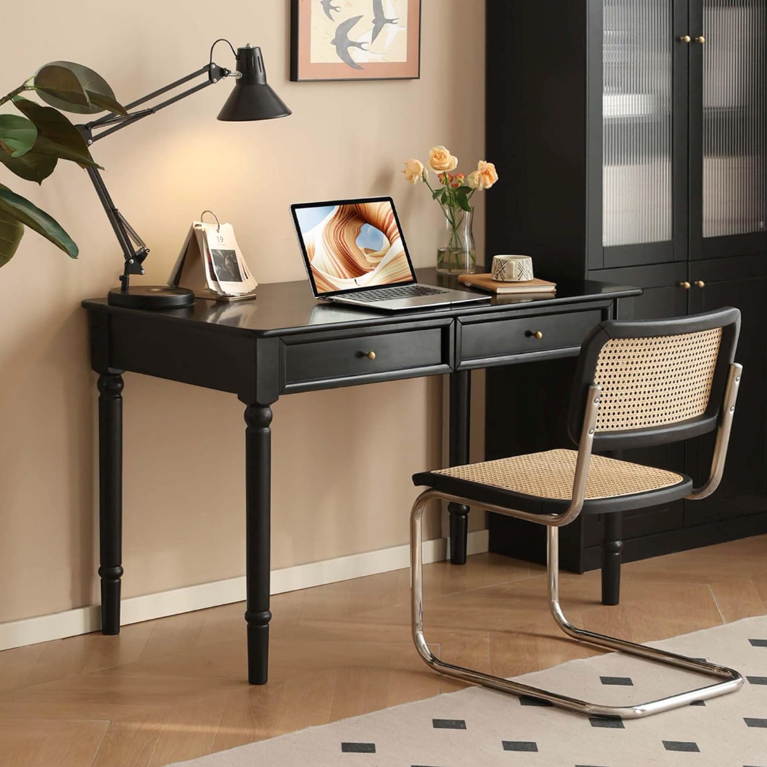 Rubberwood Solid Wood Traditional Black Desk with Tapered Legs and Drawers
