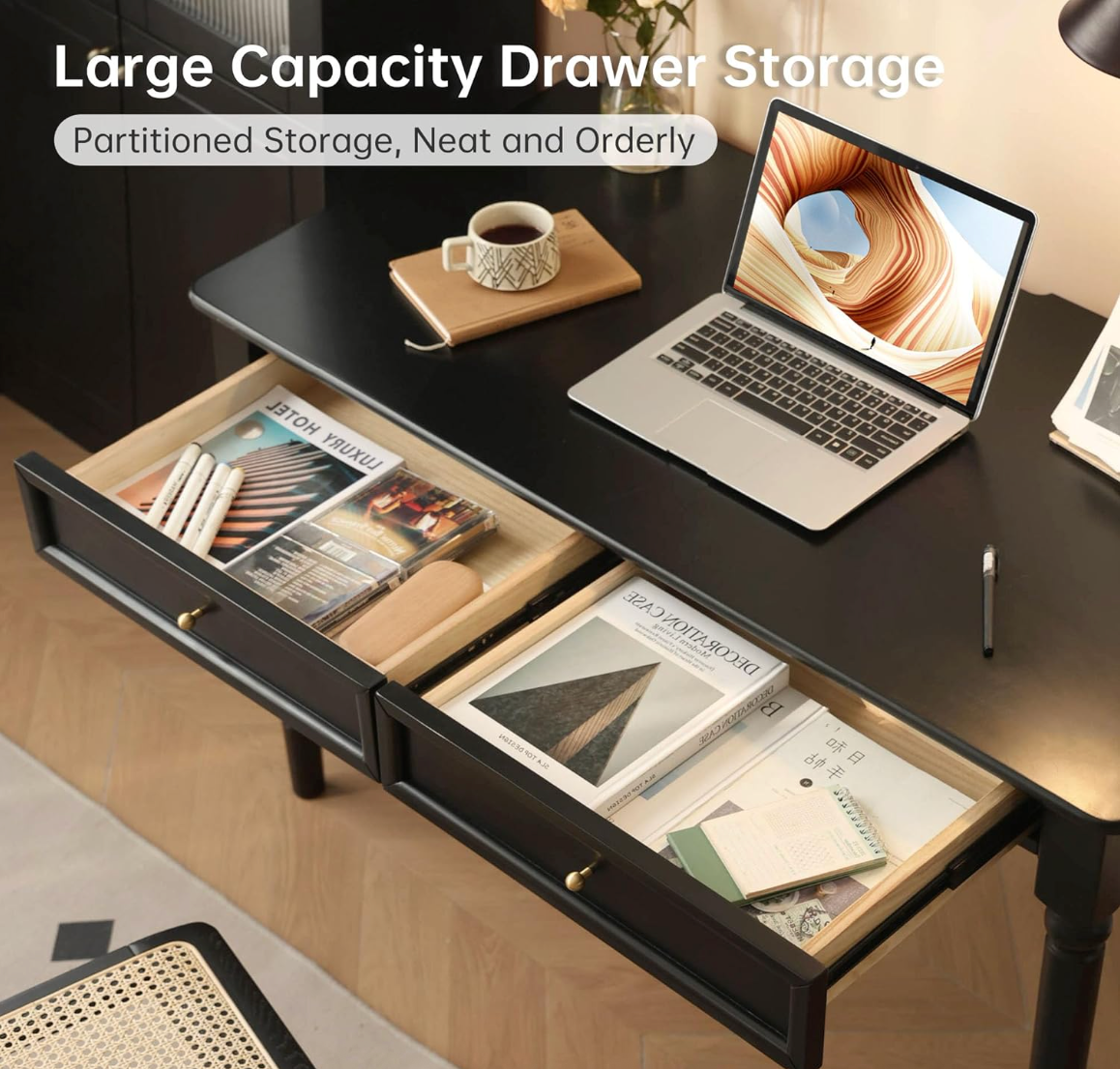 Rubberwood Solid Wood Traditional Black Desk with Tapered Legs and Drawers