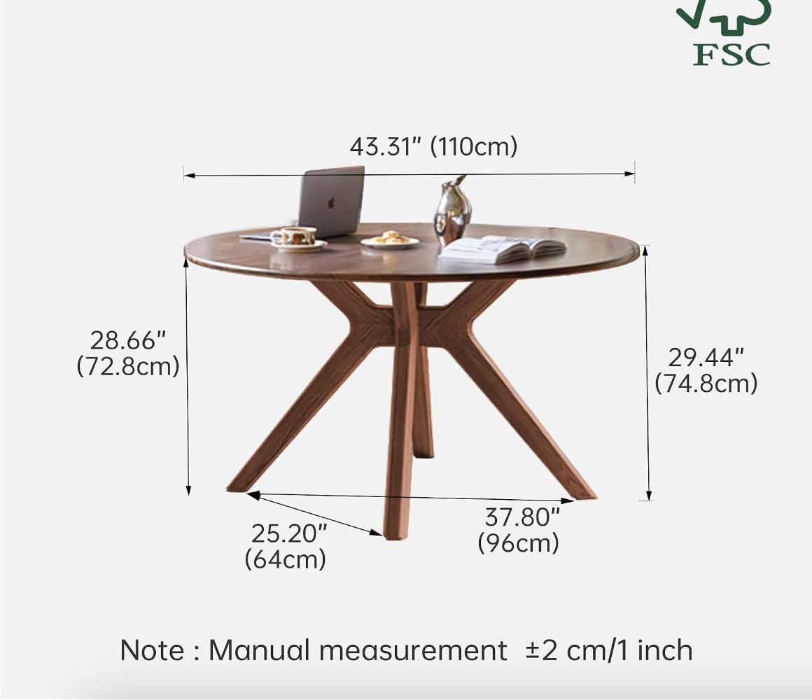 Black Walnut, Oak Solid Wood Round Dining Table with X-Shape Crossed Legs