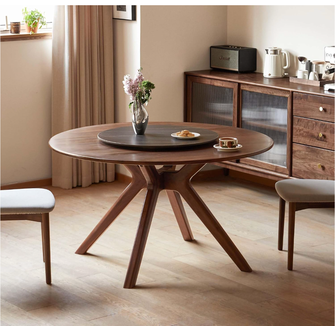 Black Walnut, Oak Solid Wood Round Dining Table with X-Shape Crossed Legs