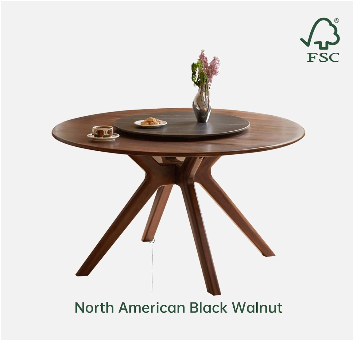 Black Walnut, Oak Solid Wood Round Dining Table with X-Shape Crossed Legs
