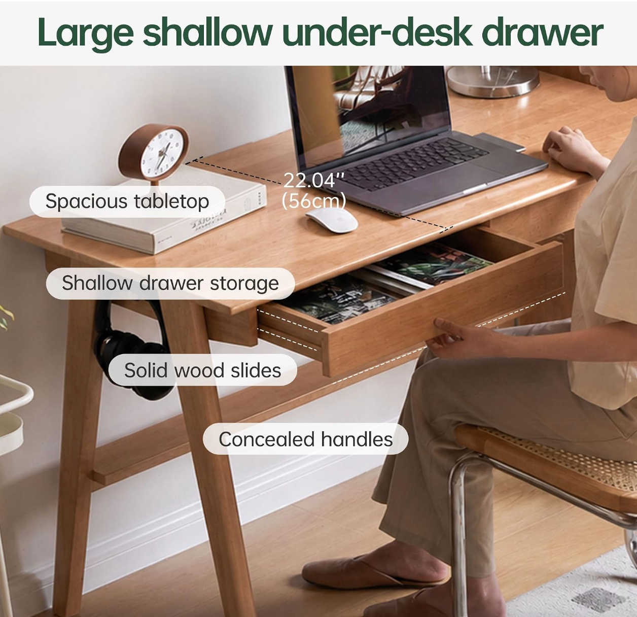 Solid Rubberwood Compact Writing Desk with A-Frame Legs and Shallow Drawer