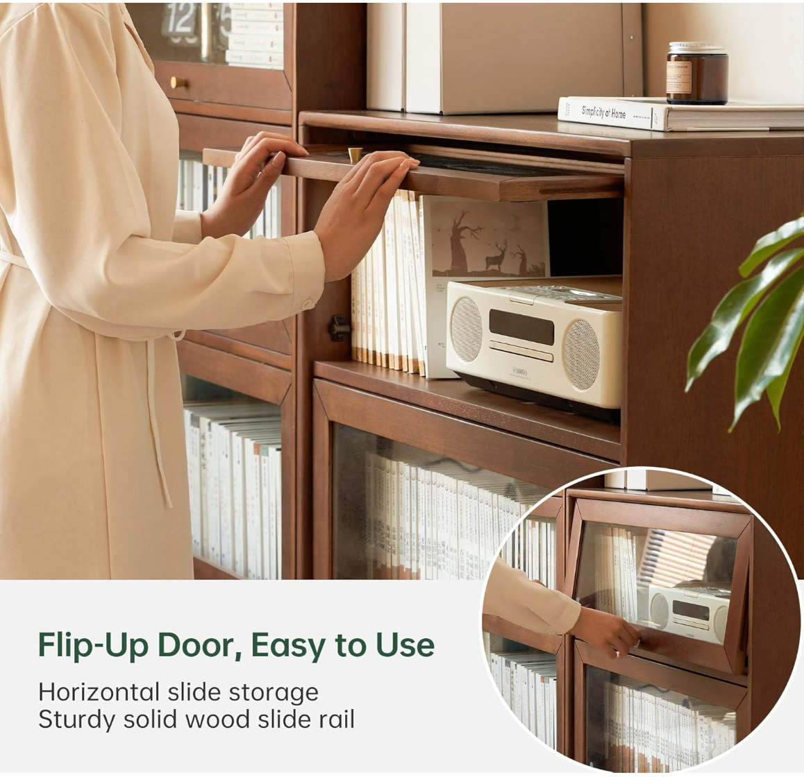 Oak Solid Wood, Rubberwood Glass Flip Door Bookcase