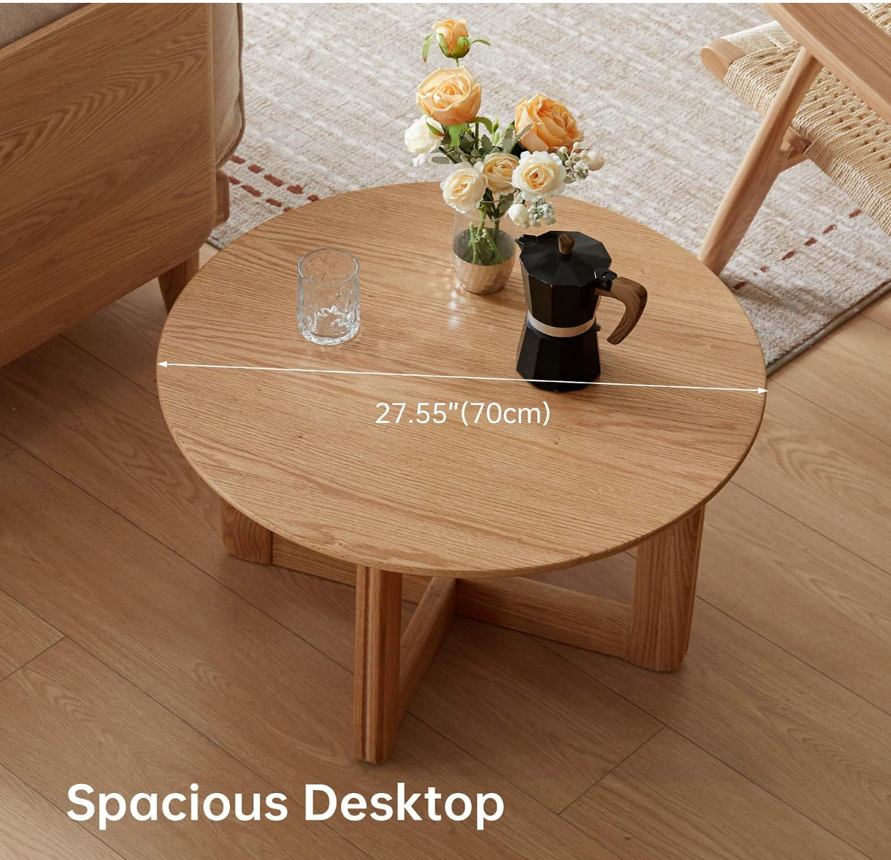 Oak Solid Wood Round Coffee Table with Cross-Leg Base