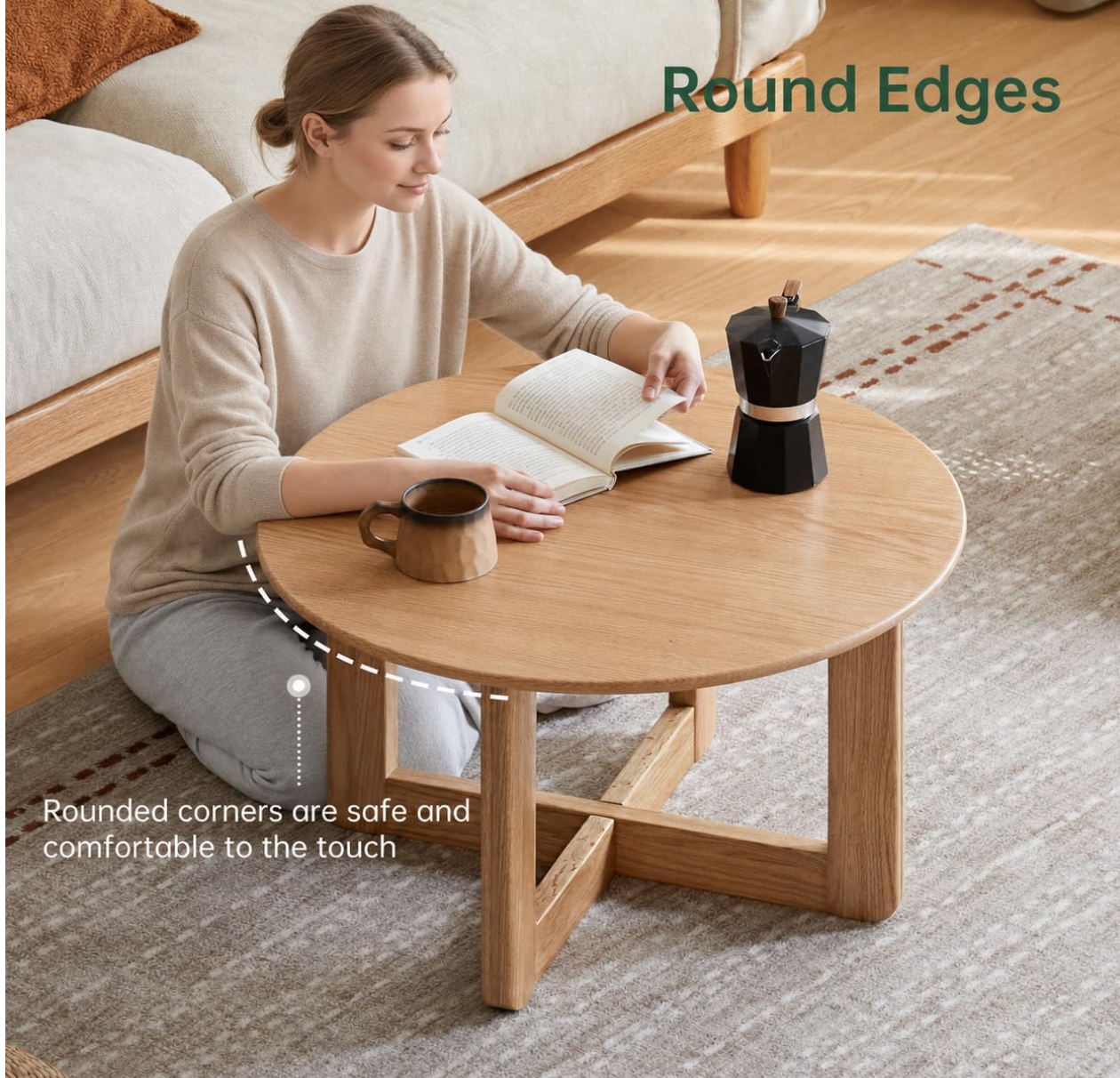 Oak Solid Wood Round Coffee Table with Cross-Leg Base