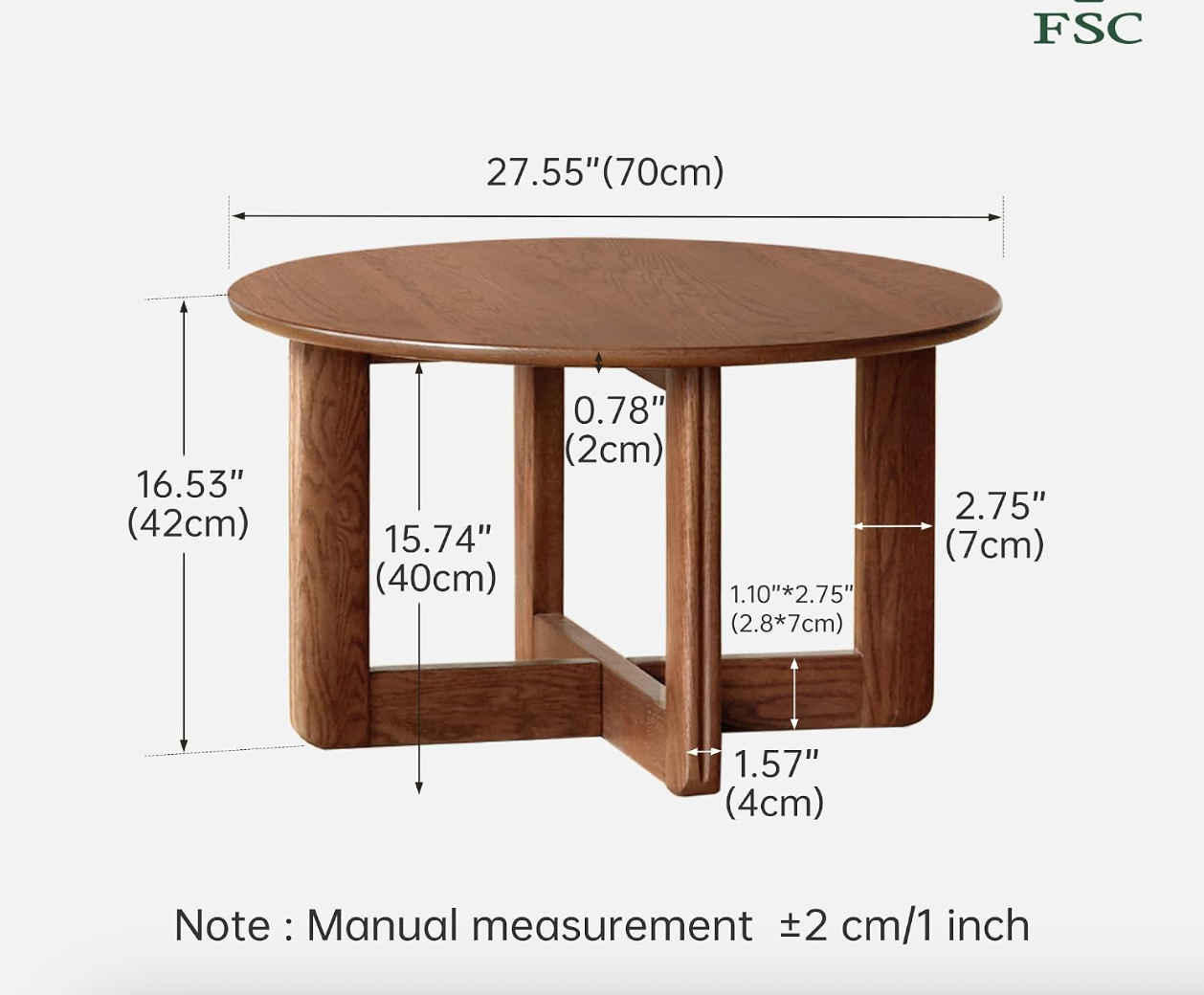 Oak Solid Wood Round Coffee Table with Cross-Leg Base
