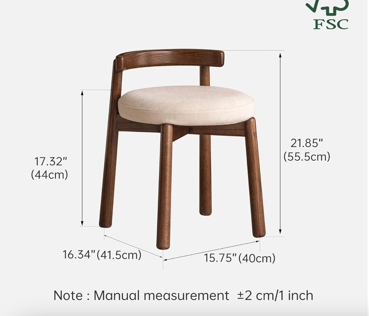 Oak, Solid RubberWood, Ash Round Vanity Stool with Curved Low Back
