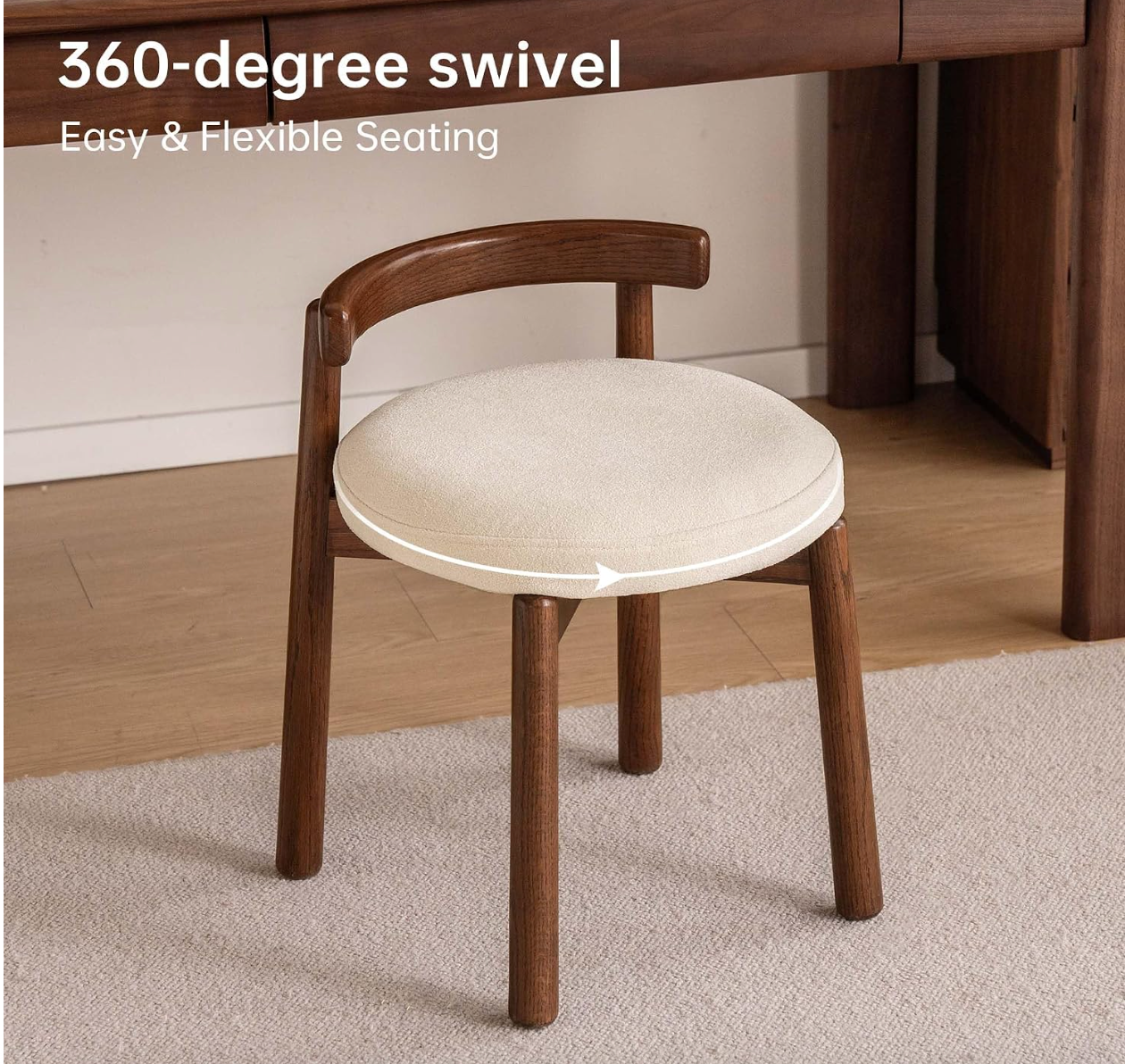 Oak, Solid RubberWood, Ash Round Vanity Stool with Curved Low Back