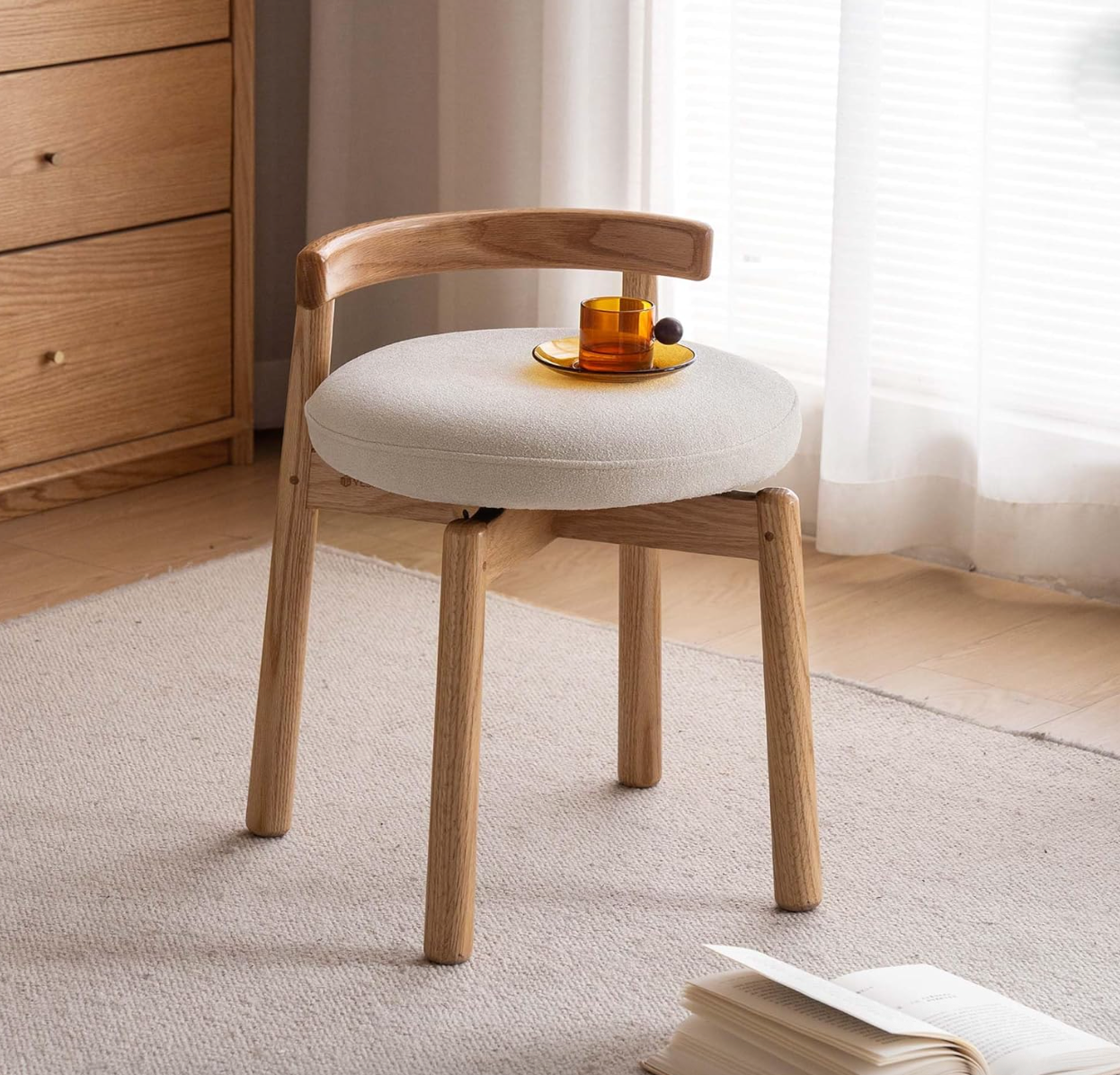 Oak, Solid RubberWood, Ash Round Vanity Stool with Curved Low Back