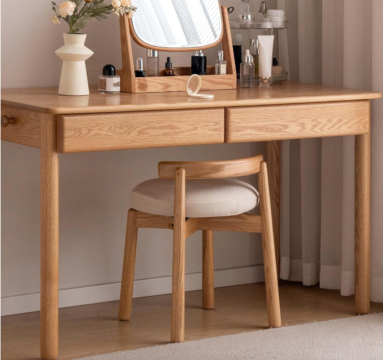 Oak, Solid RubberWood, Ash Round Vanity Stool with Curved Low Back
