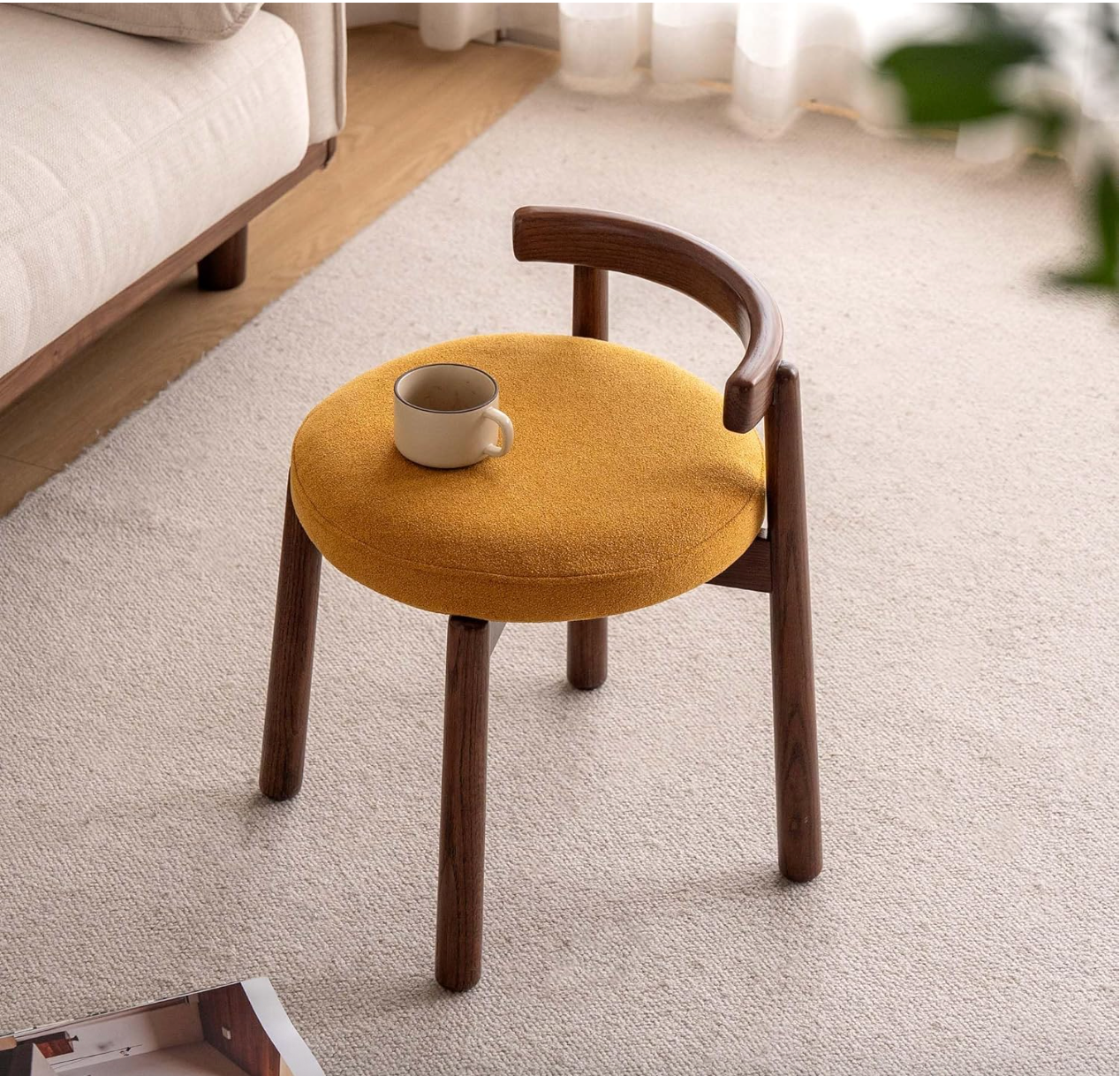 Oak, Solid RubberWood, Ash Round Vanity Stool with Curved Low Back