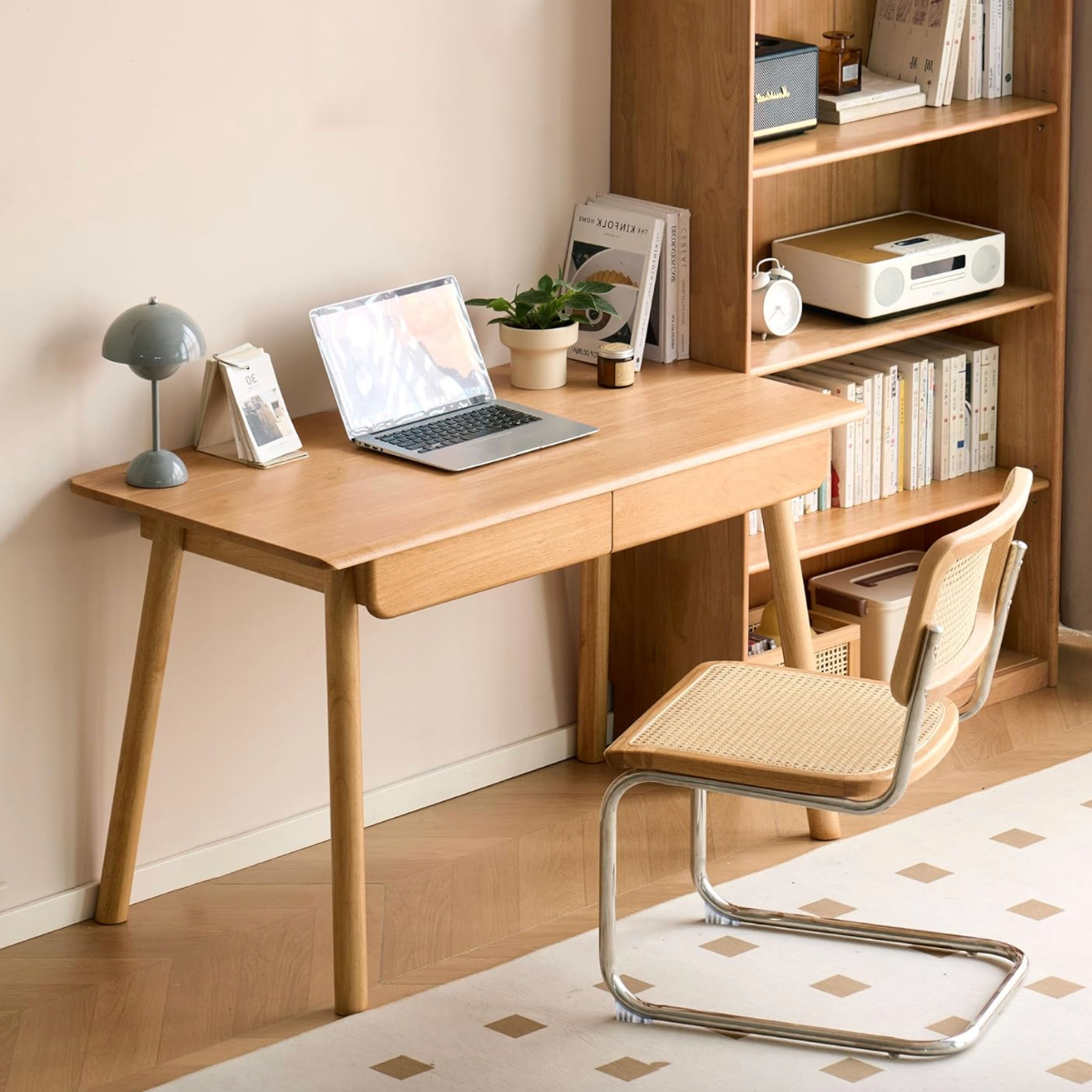 Beech, Rubberwood Solid Wood Office Desk with 2 Drawers