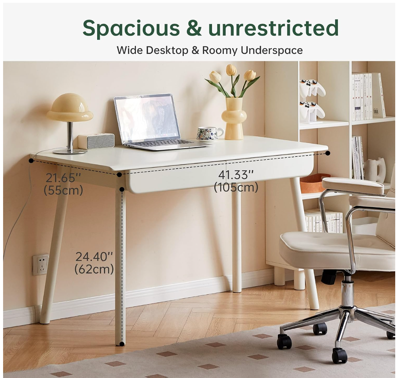 Beech, Rubberwood Solid Wood Office Desk with 2 Drawers
