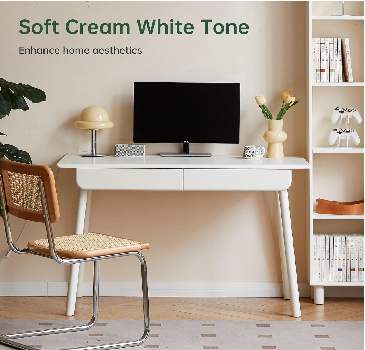 Beech, Rubberwood Solid Wood Office Desk with 2 Drawers