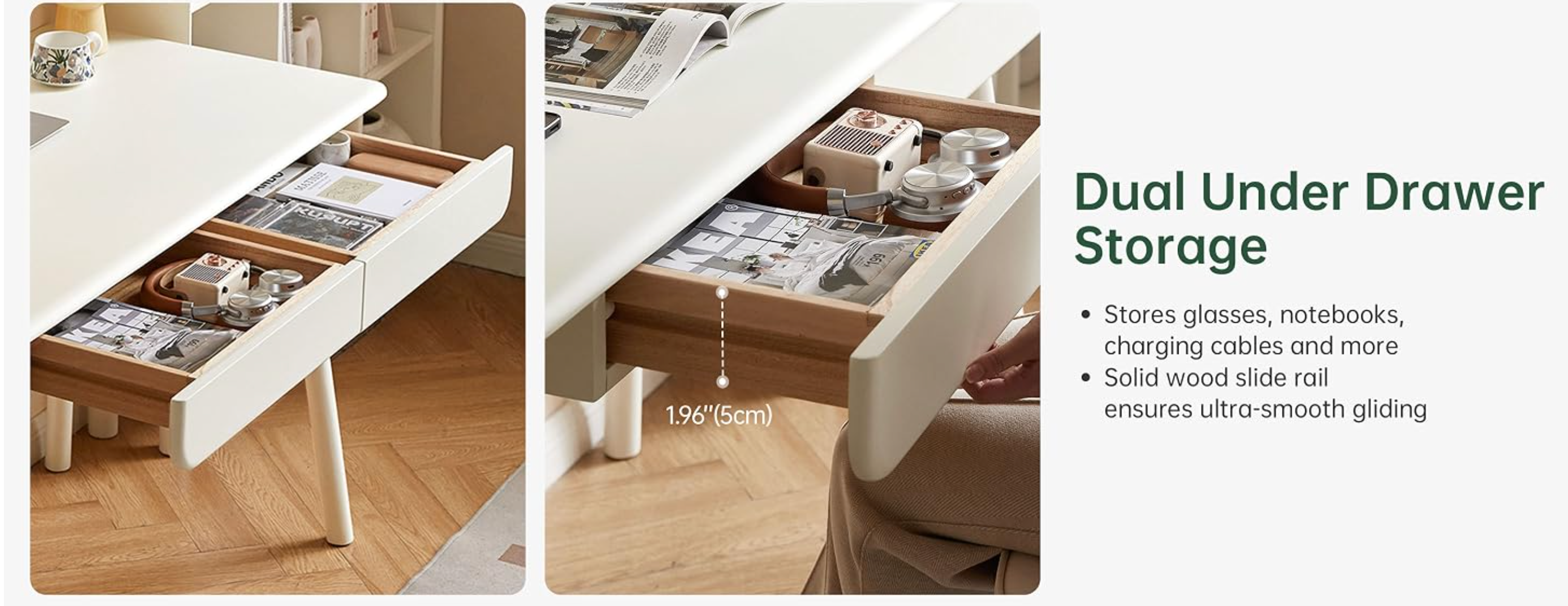 Beech, Rubberwood Solid Wood Office Desk with 2 Drawers