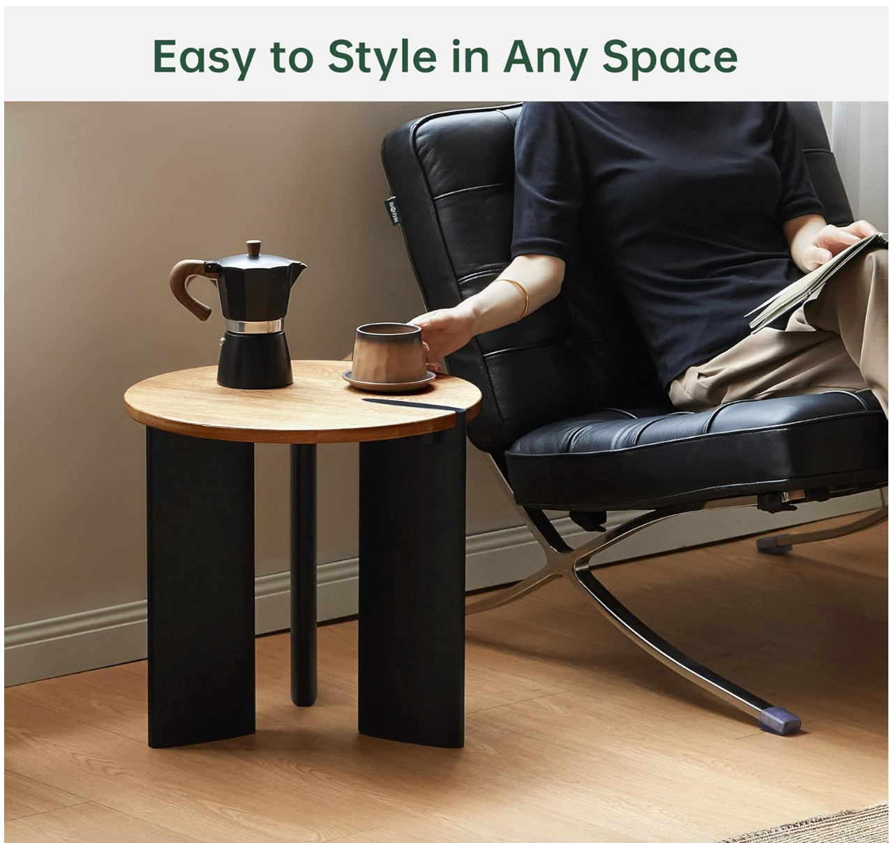 Oak Solid Wood Round Two-Tone Wood Nesting Coffee Table Set with Triangular Black Legs