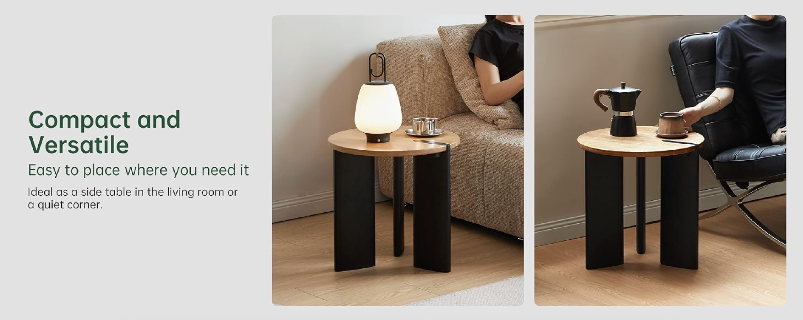 Oak Solid Wood Round Two-Tone Wood Nesting Coffee Table Set with Triangular Black Legs