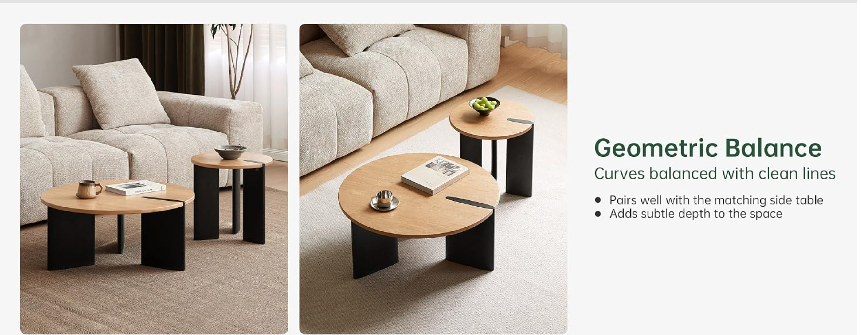Oak Solid Wood Round Two-Tone Wood Nesting Coffee Table Set with Triangular Black Legs