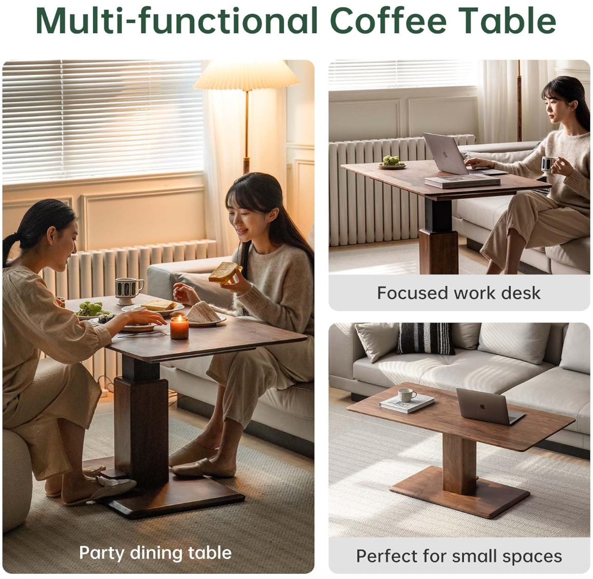 Oak Solid Wood Lift-Top Adjustable Height Coffee Table, Pedestal Base