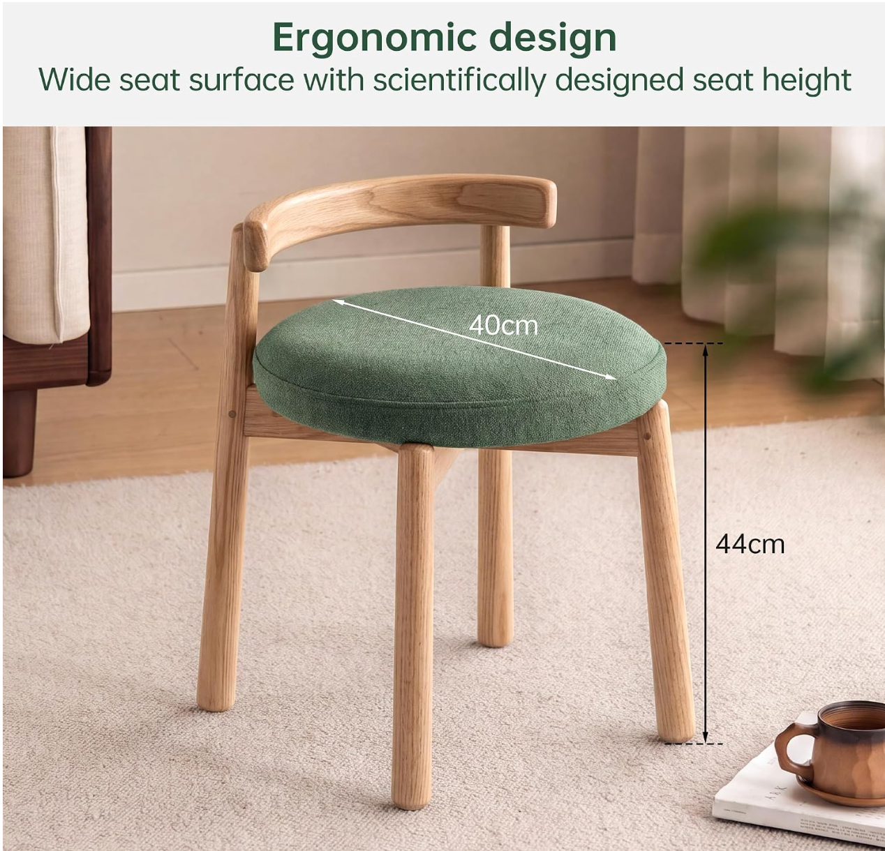 Oak, Solid RubberWood, Ash Round Vanity Stool with Curved Low Back