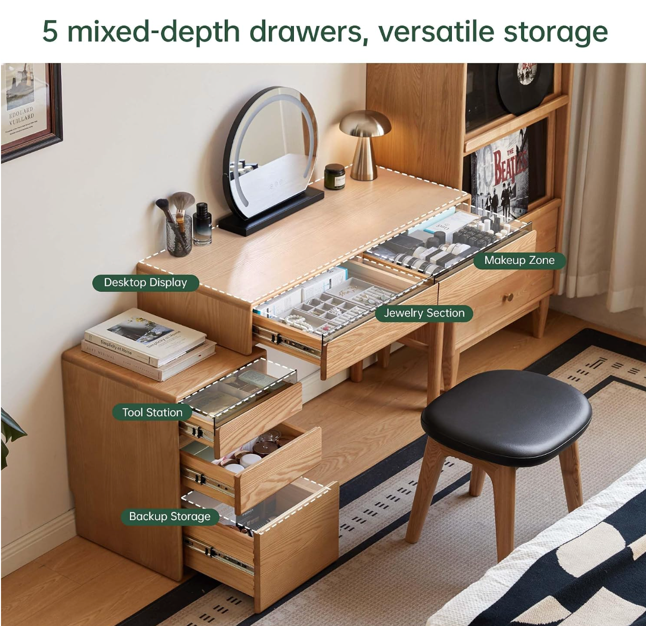 Oak Solid Wood Retractable Modern Vanity Table