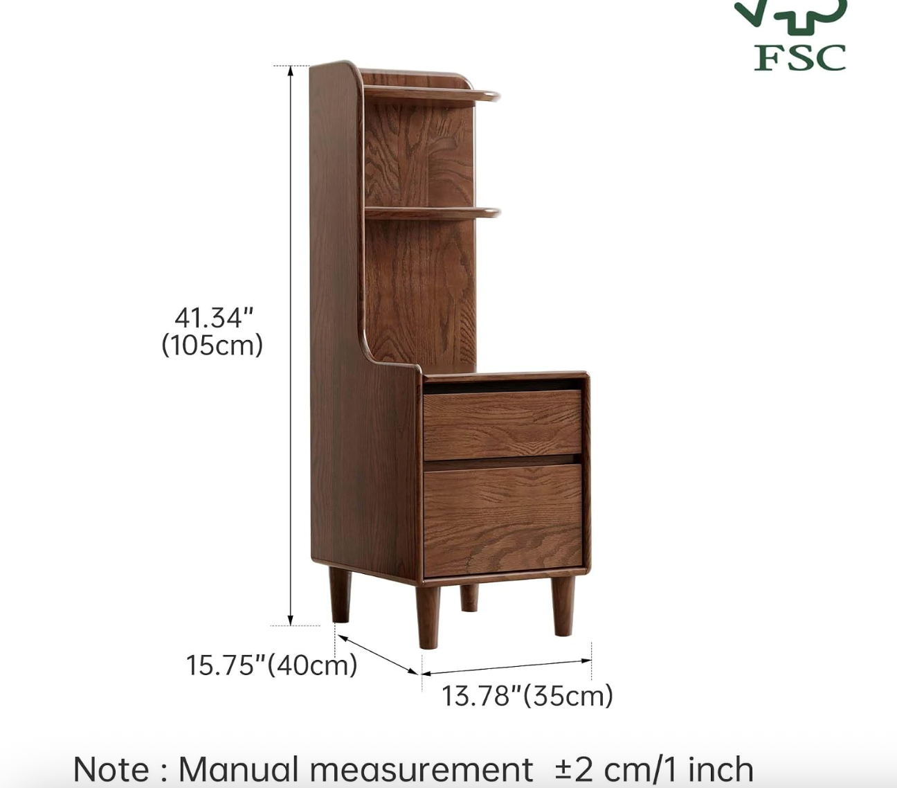 Oak Solid Wood Tall Nightstand with Curved Corner Shelf and Two Drawers