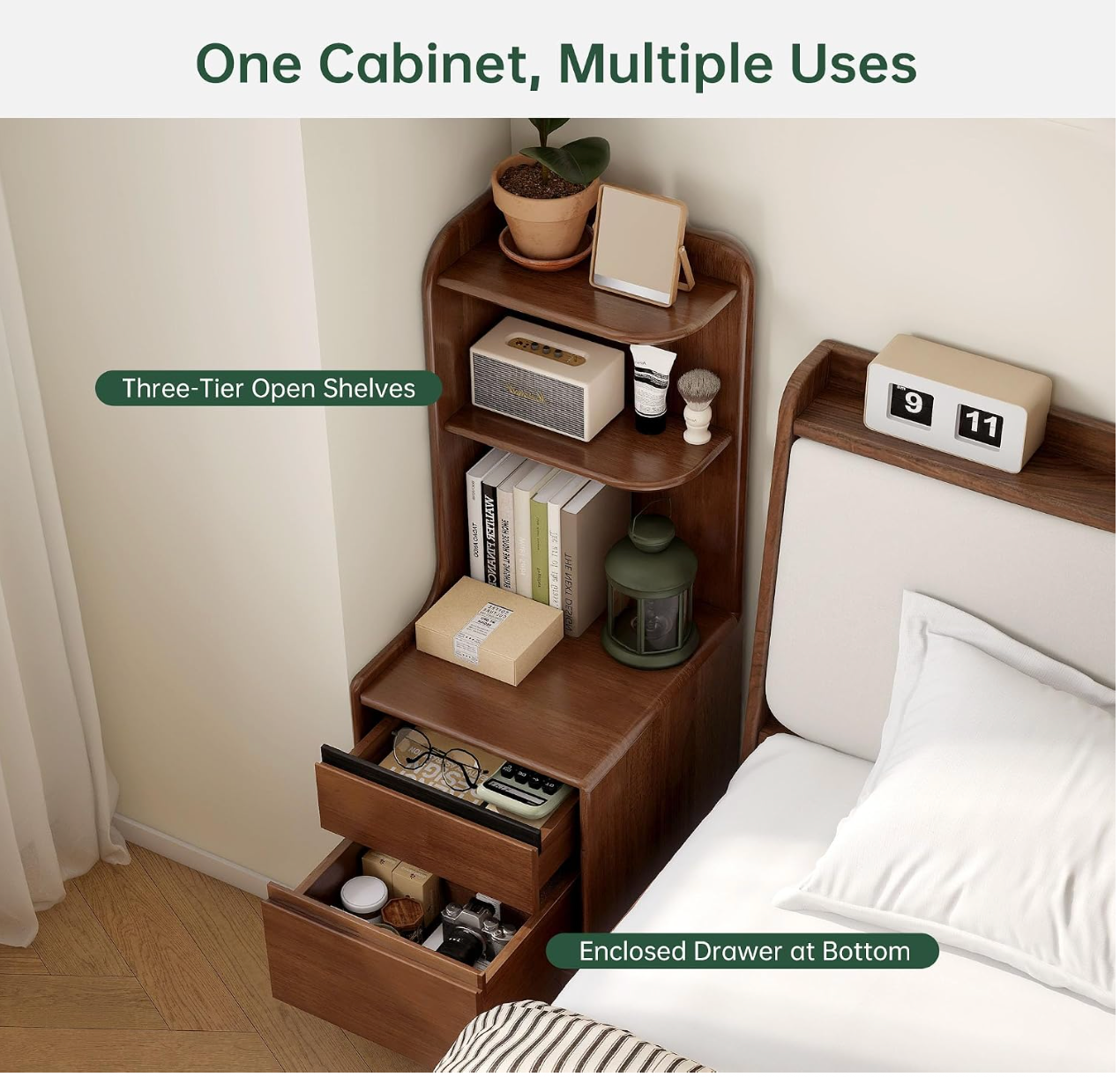 Oak Solid Wood Tall Nightstand with Curved Corner Shelf and Two Drawers