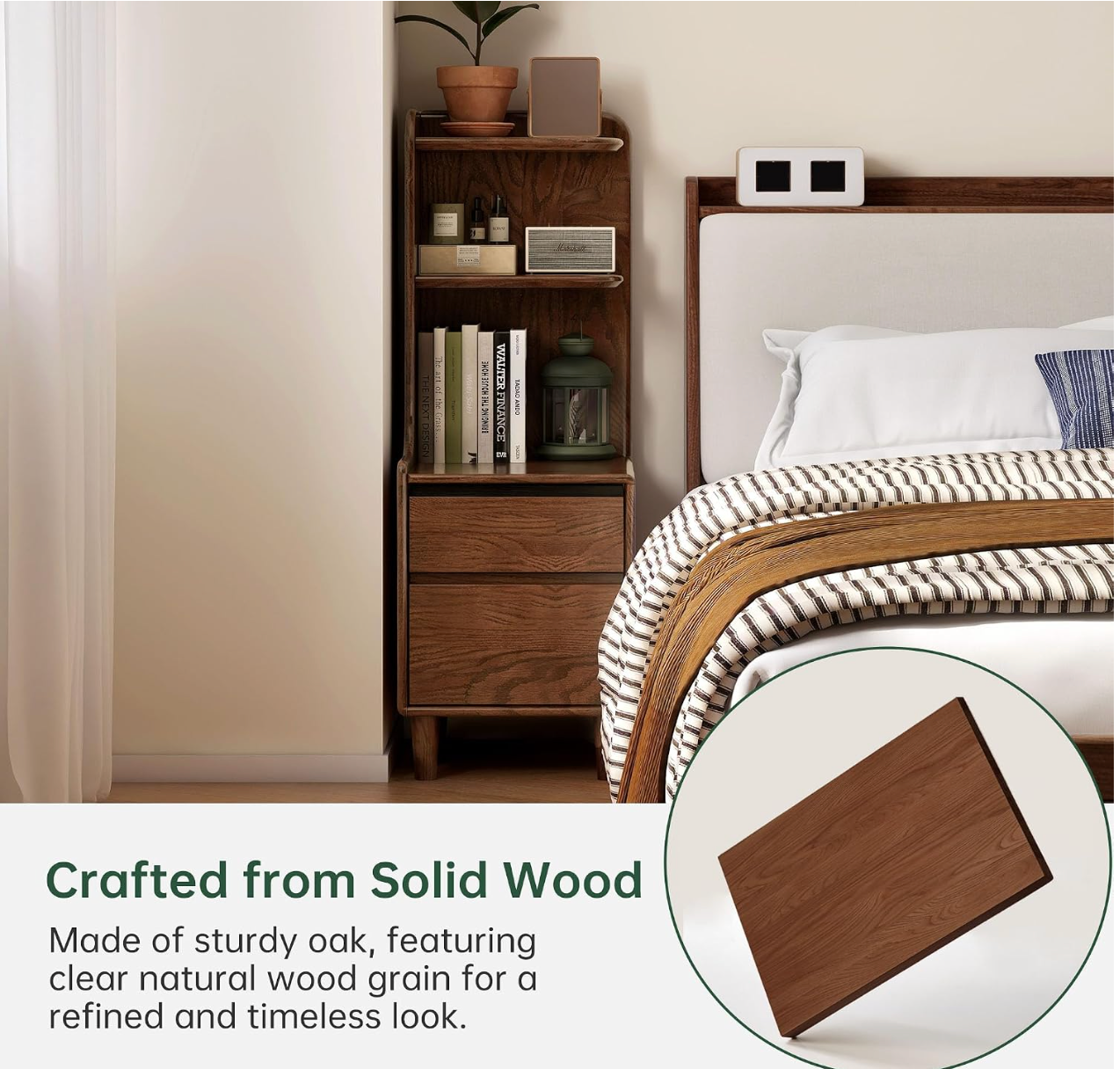 Oak Solid Wood Tall Nightstand with Curved Corner Shelf and Two Drawers