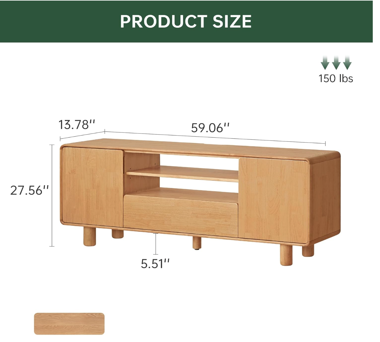Rubberwood Solid Wood TV Stand with Open Shelf and Tapered Legs
