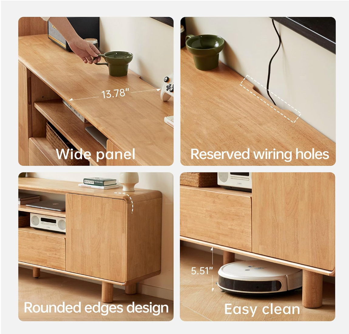 Rubberwood Solid Wood TV Stand with Open Shelf and Tapered Legs