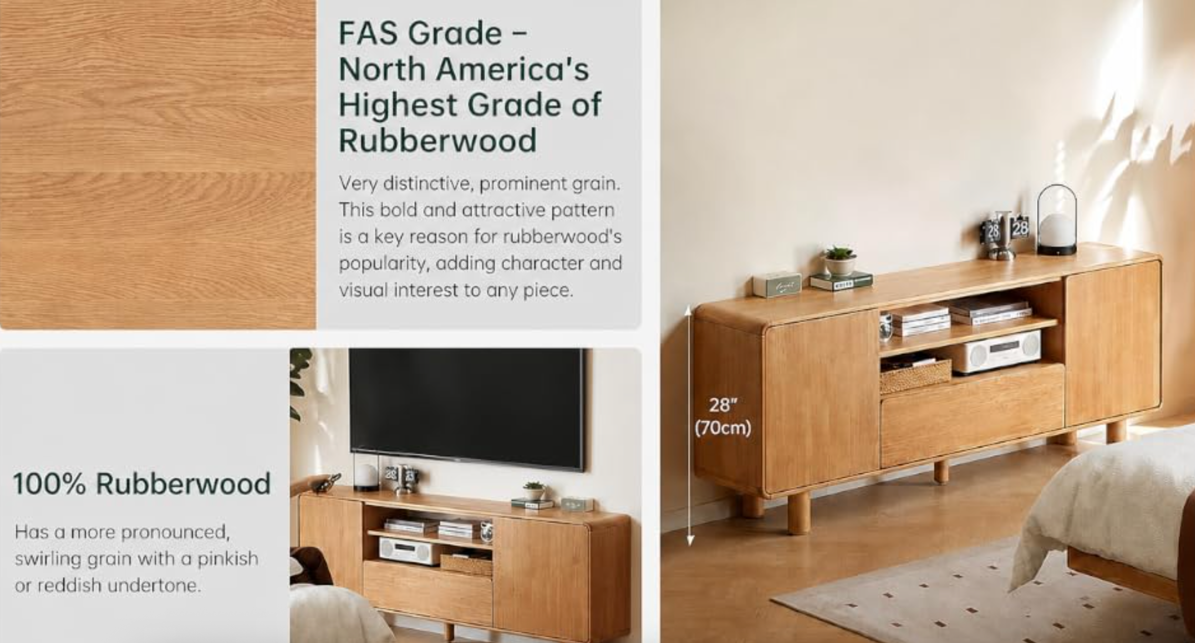 Rubberwood Solid Wood TV Stand with Open Shelf and Tapered Legs