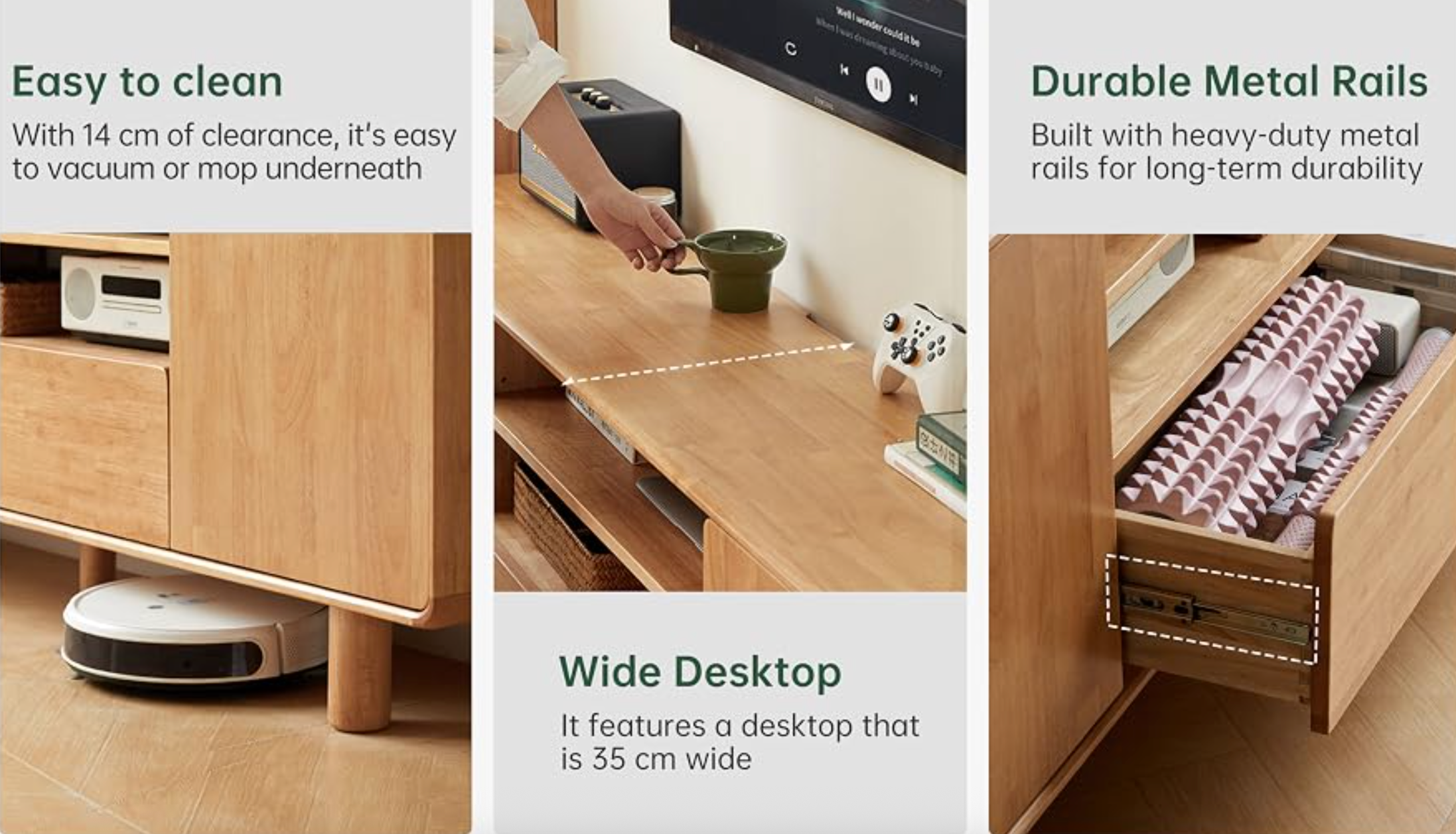 Rubberwood Solid Wood TV Stand with Open Shelf and Tapered Legs