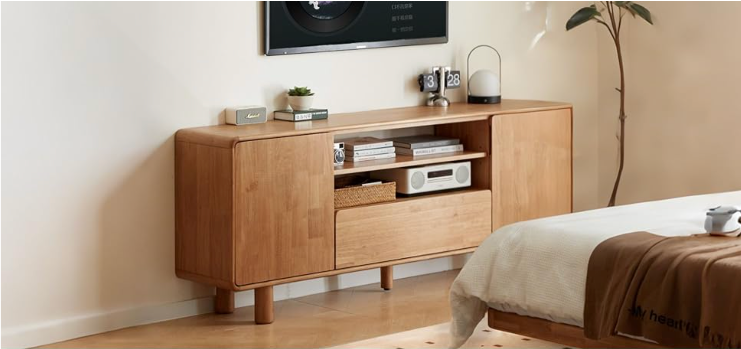 Rubberwood Solid Wood TV Stand with Open Shelf and Tapered Legs