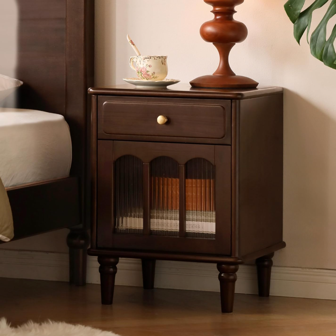 амазон Solid RubberWood, Poplar Nightstand with Reeded Glass Door and Turned Legs