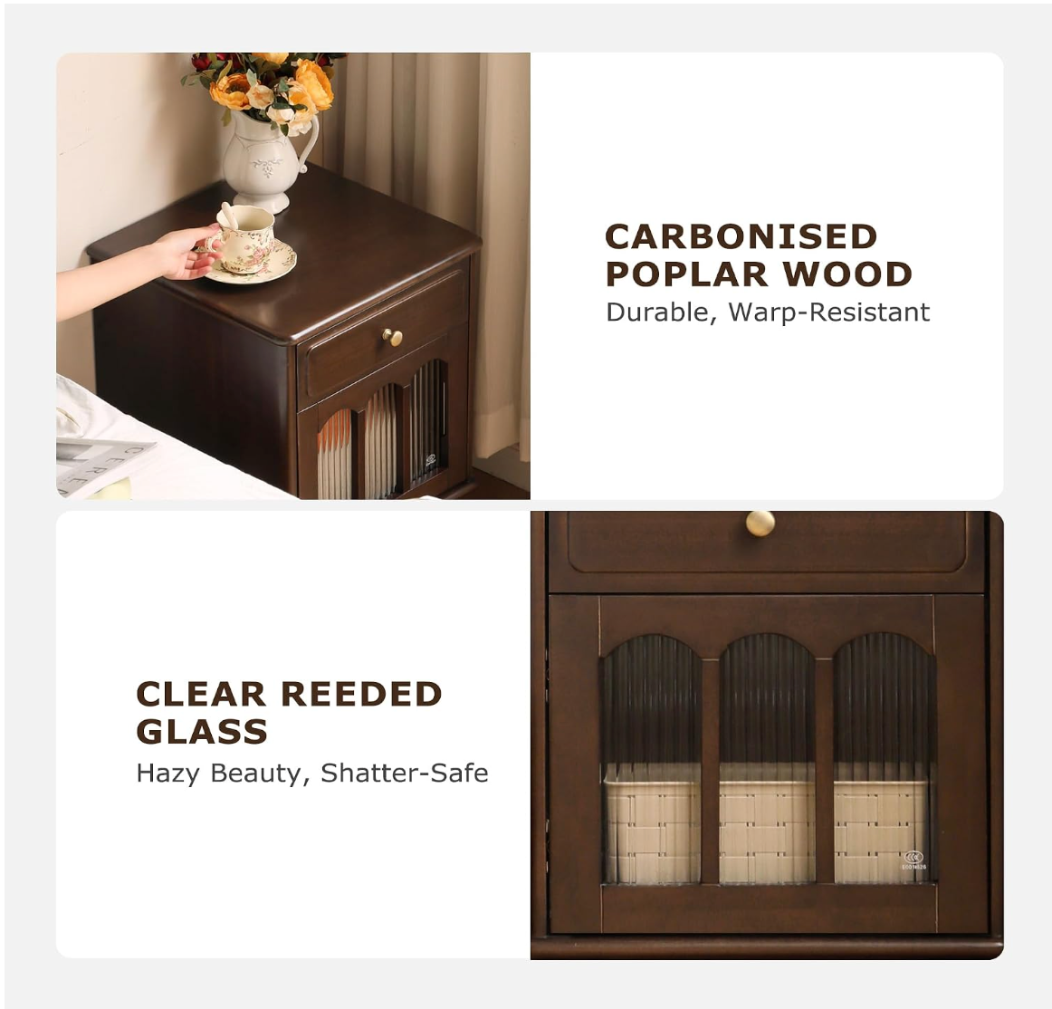 Solid RubberWood, Poplar Nightstand with Reeded Glass Door and Turned Legs