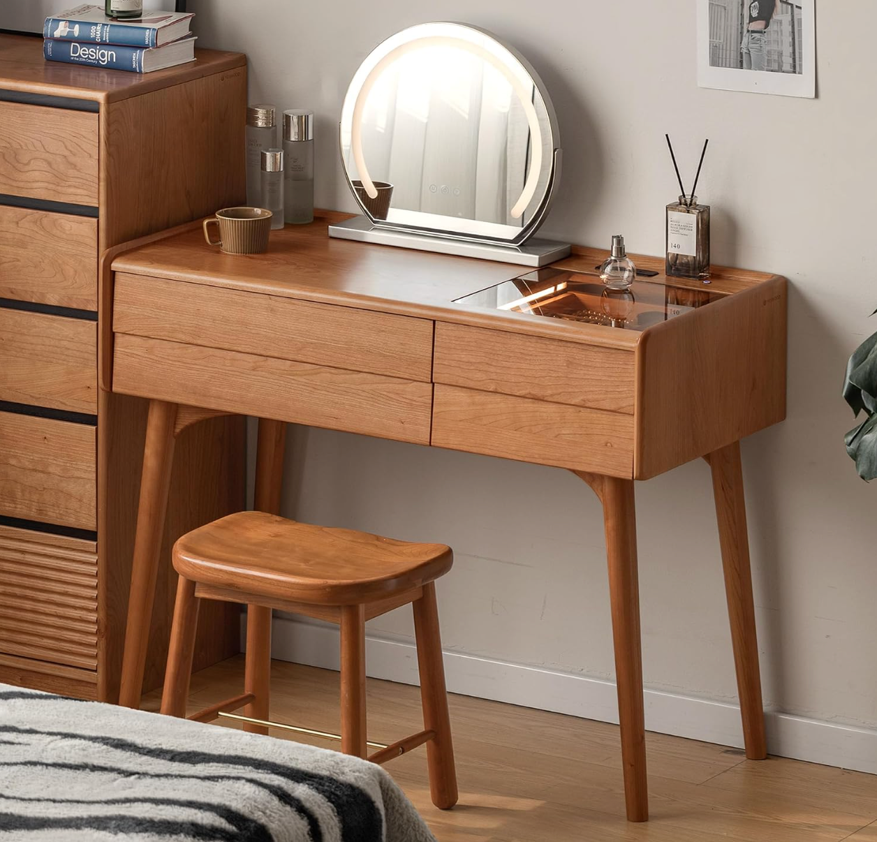 Ash, Cherry Solid Wood Modern Vanity Table with Storage