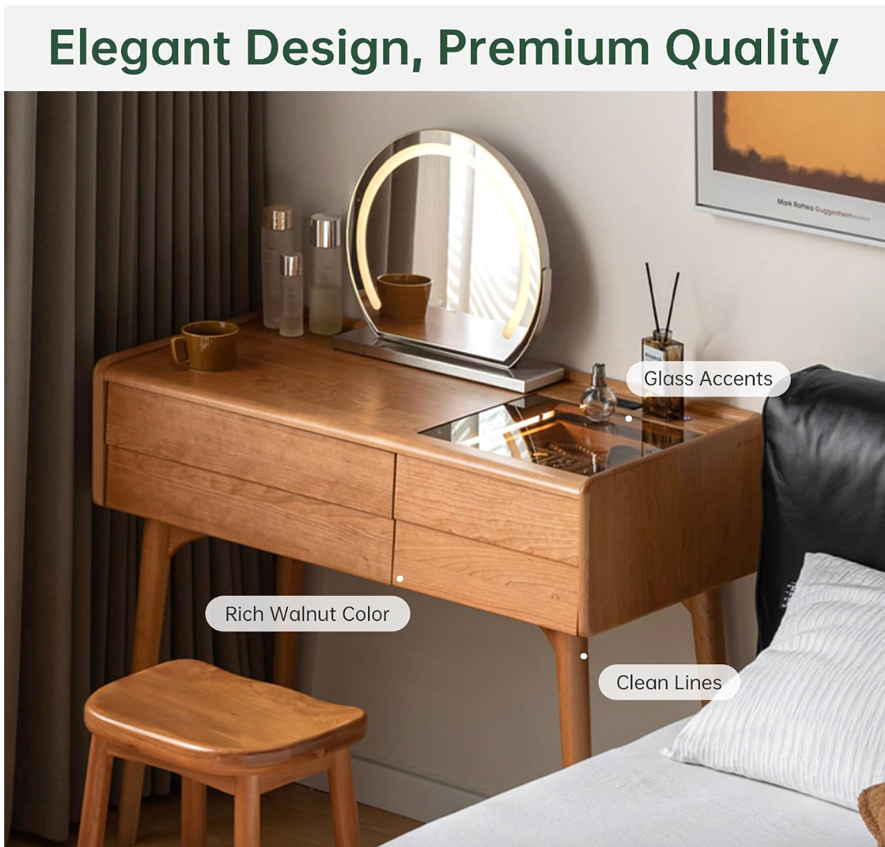 Ash, Cherry Solid Wood Modern Vanity Table with Storage