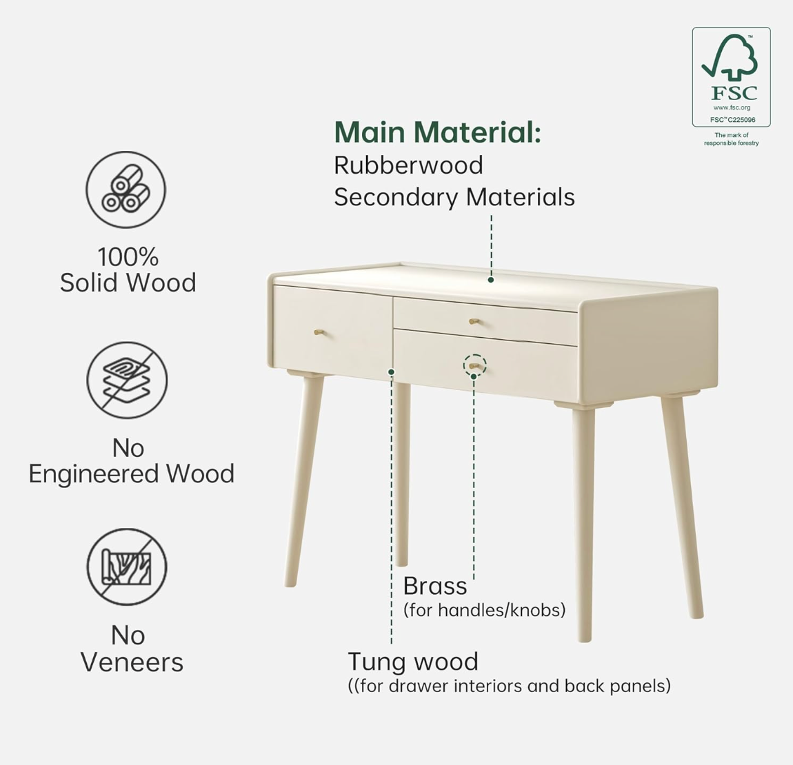 Ash, Cherry, Rubberwood Solid Wood Vanity Table