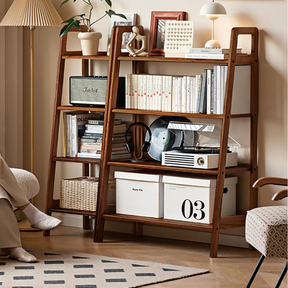 Black Walnut Solid Wood 4-Tier Ladder Bookshelf