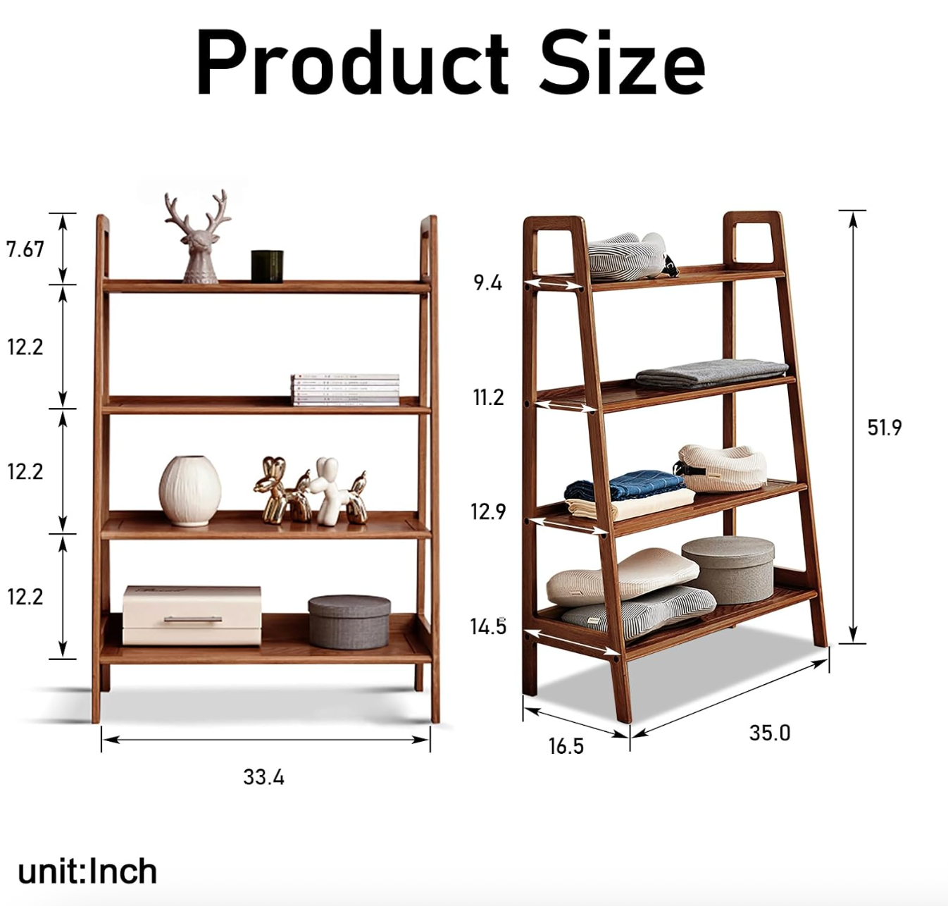 Back Walnut Solid Wood 4-Tier Ladder Bookshelf