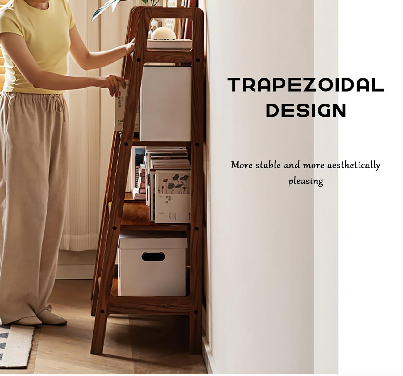 Back Walnut Solid Wood 4-Tier Ladder Bookshelf