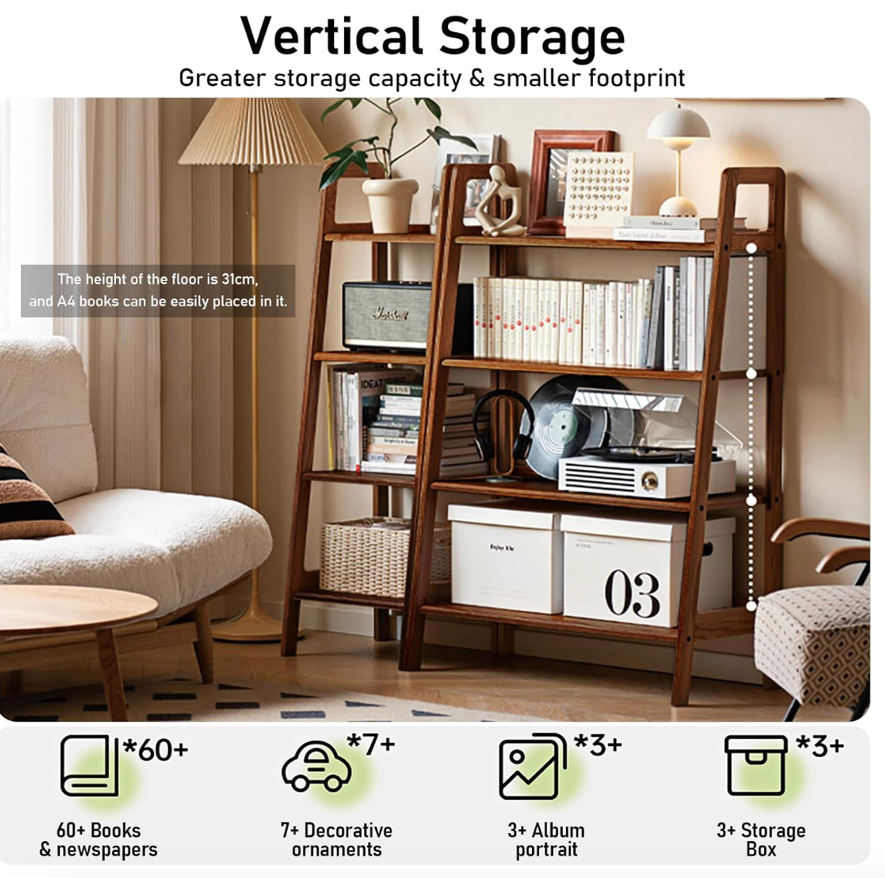 Back Walnut Solid Wood 4-Tier Ladder Bookshelf