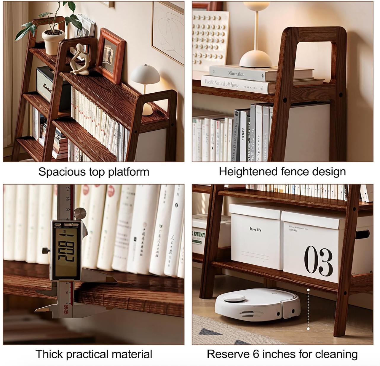 Back Walnut Solid Wood 4-Tier Ladder Bookshelf